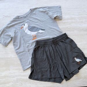 Mini Rodini Seagull Graphic Tee & Shorts Set - Light Gray & Charcoal